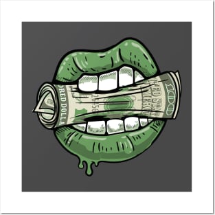 Lips bite dollar bill Posters and Art